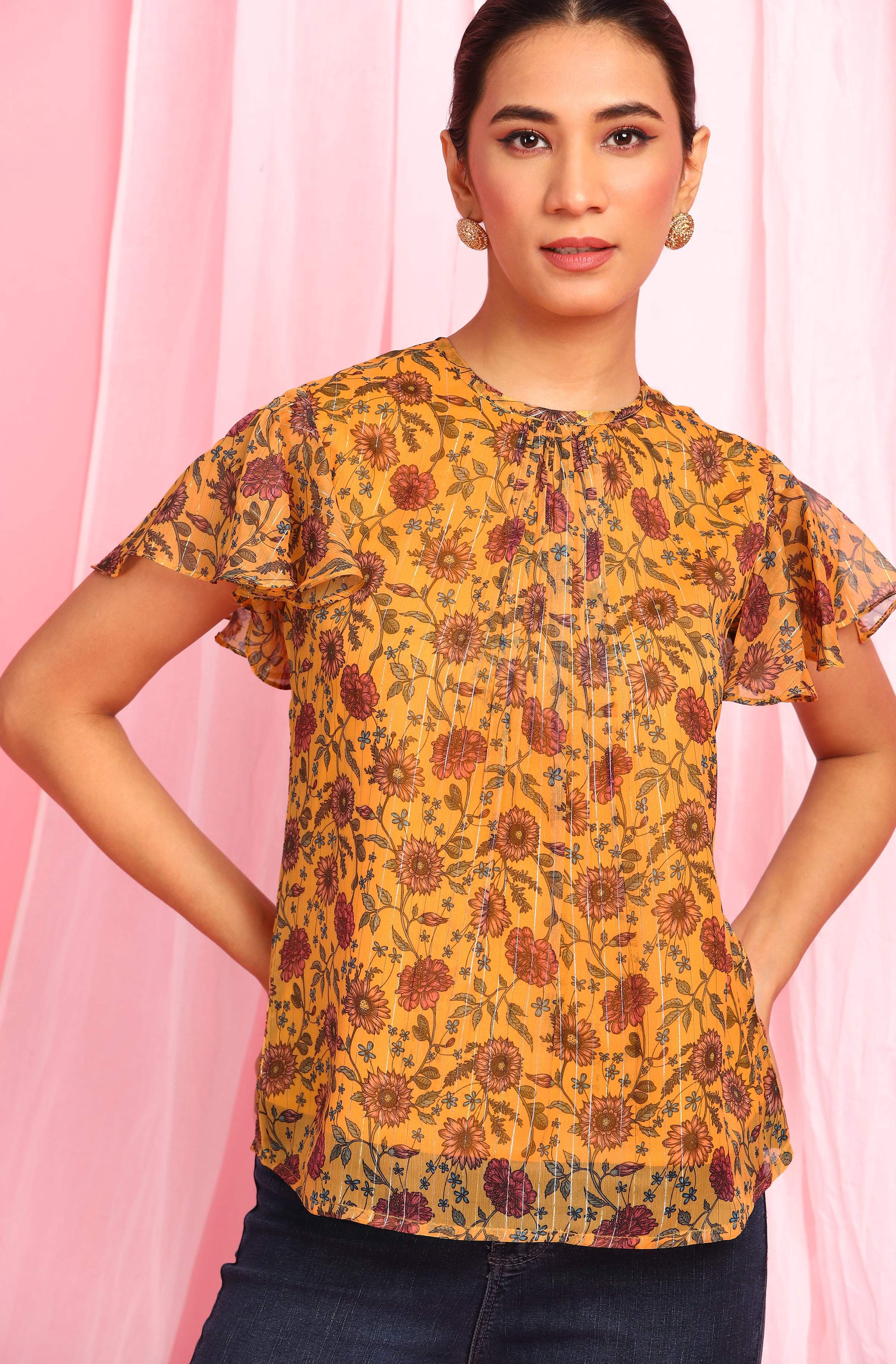 Janasya Women's Mustard Poly Georgette Floral Print Regular Top