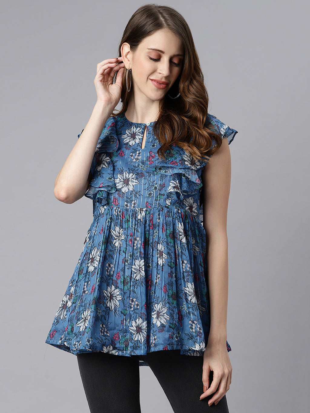 Janasya Women's Blue Poly Georgette Floral Print Gathered Top