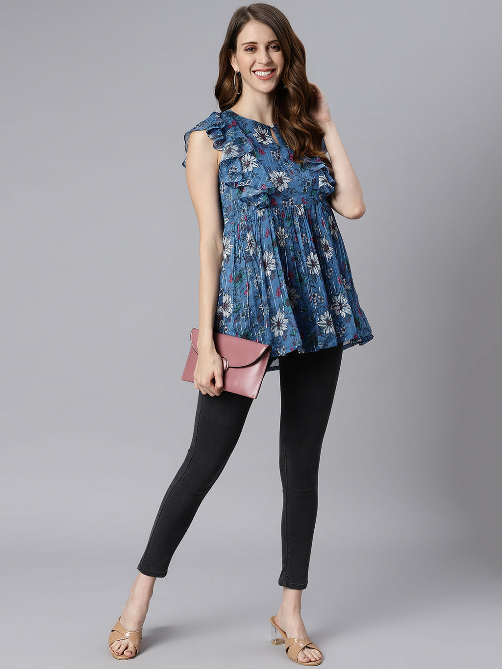 Janasya Women's Blue Poly Georgette Floral Print Gathered Top