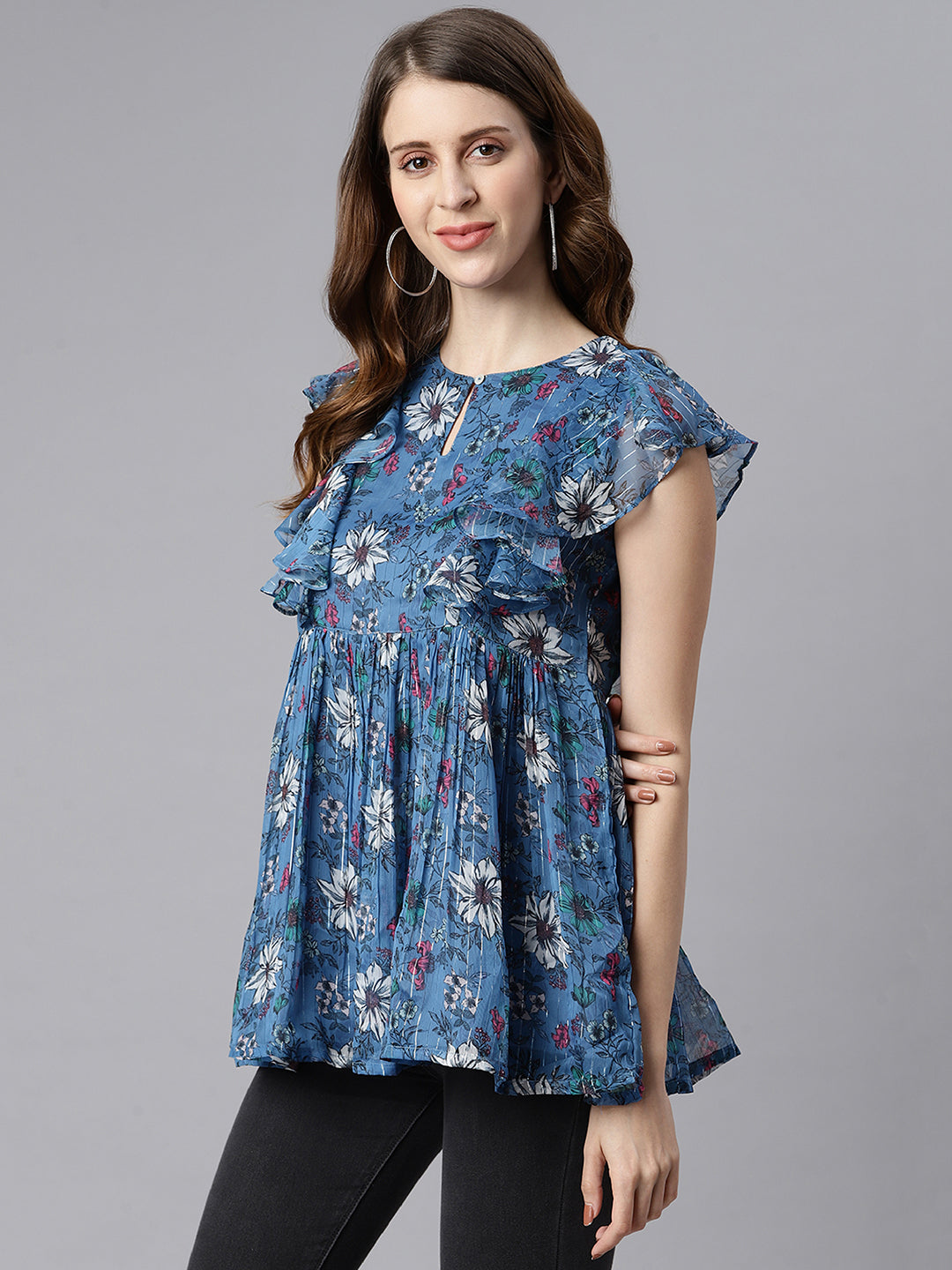 Janasya Women's Blue Poly Georgette Floral Print Gathered Top
