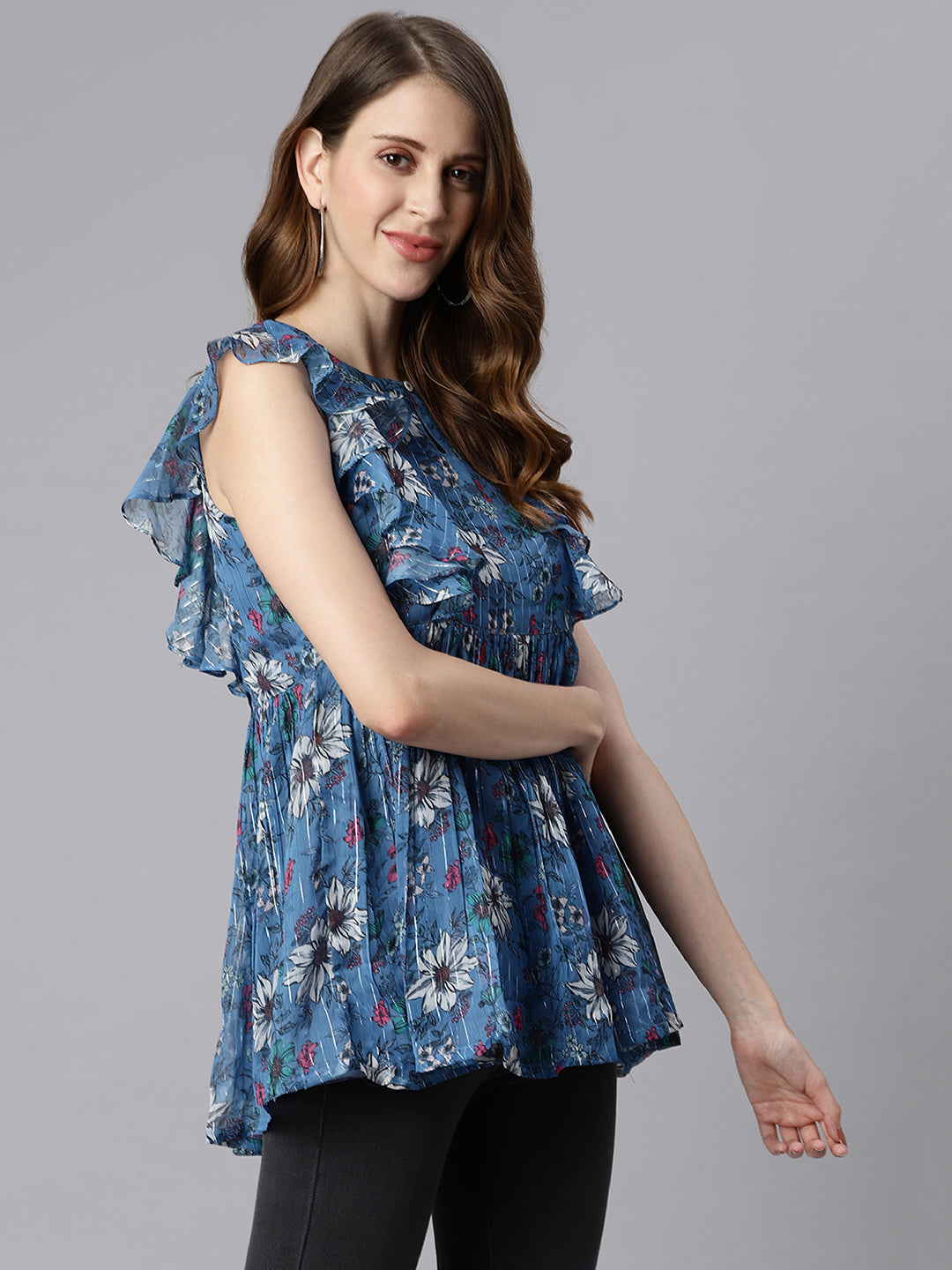 Janasya Women's Blue Poly Georgette Floral Print Gathered Top