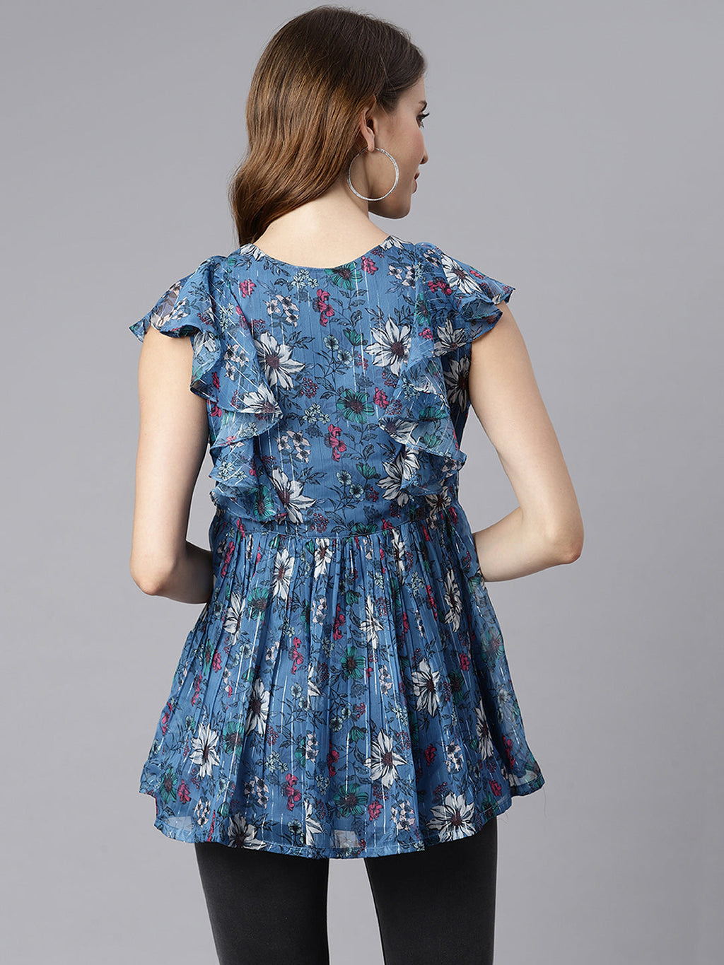 Janasya Women's Blue Poly Georgette Floral Print Gathered Top