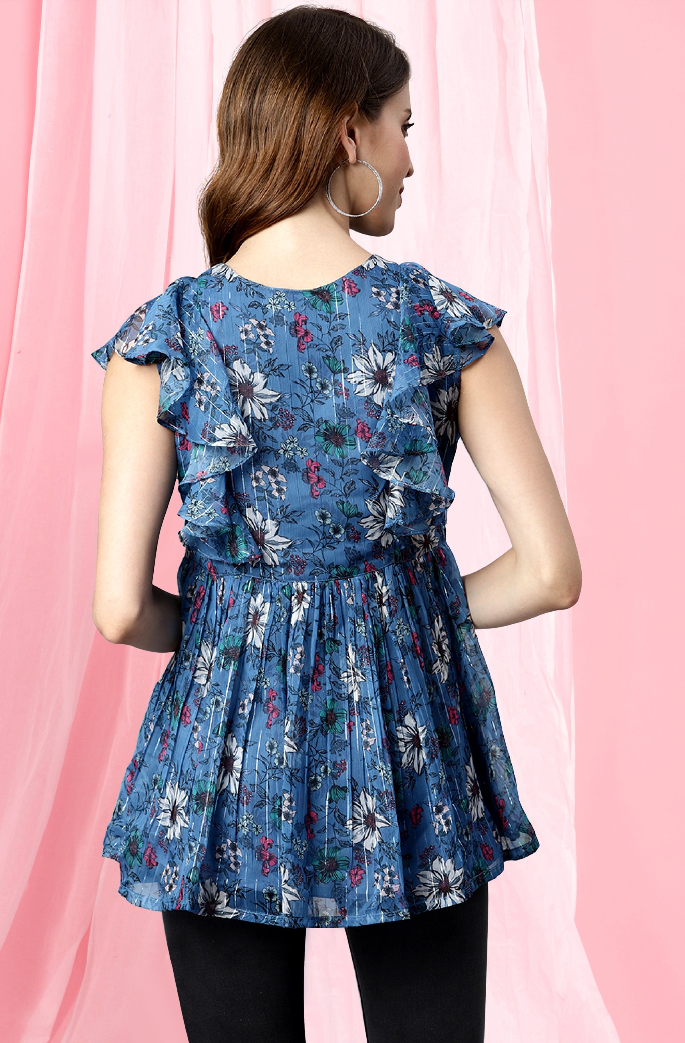 Janasya Women's Blue Poly Georgette Floral Print Gathered Top