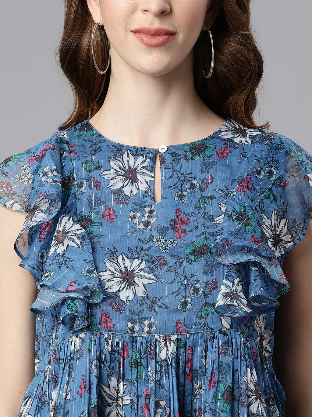 Janasya Women's Blue Poly Georgette Floral Print Gathered Top