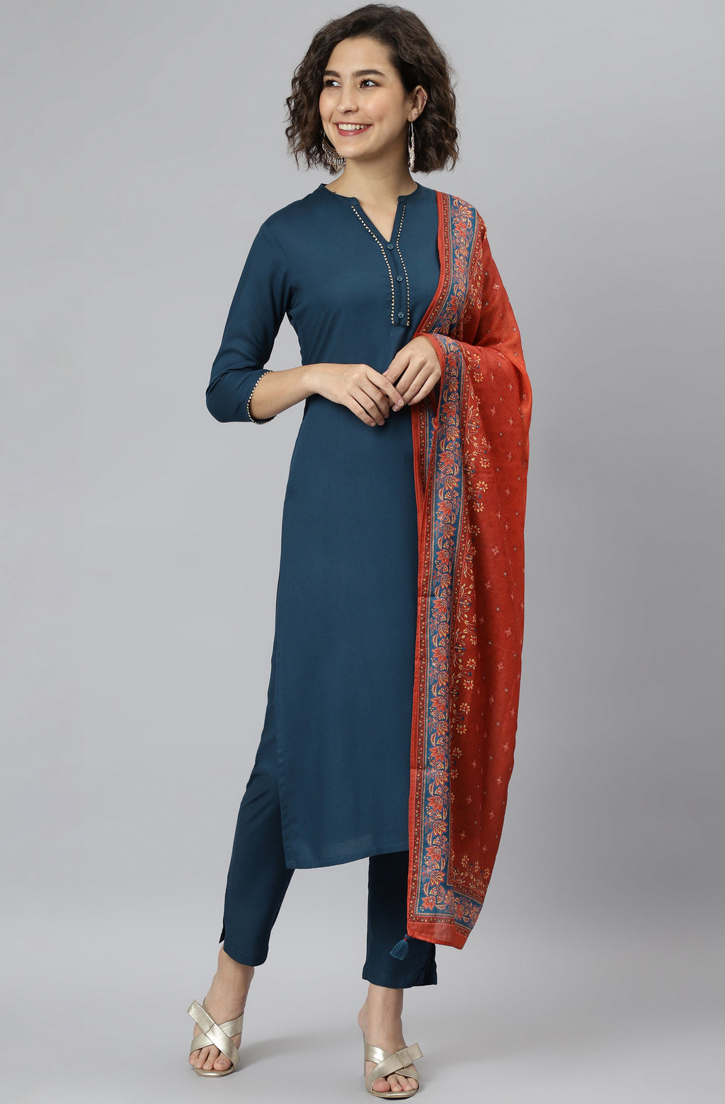 Janasya Women's Teal Rayon Solid Kurta With Pant And Dupatta
