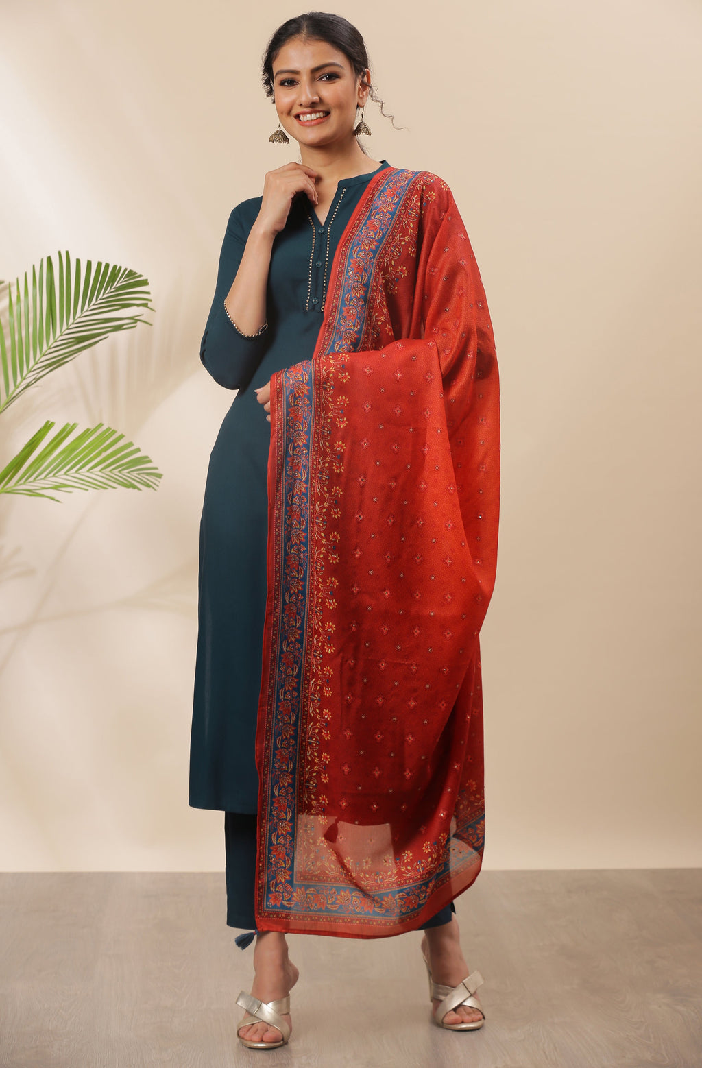 Janasya Women's Teal Rayon Solid Kurta With Pant And Dupatta