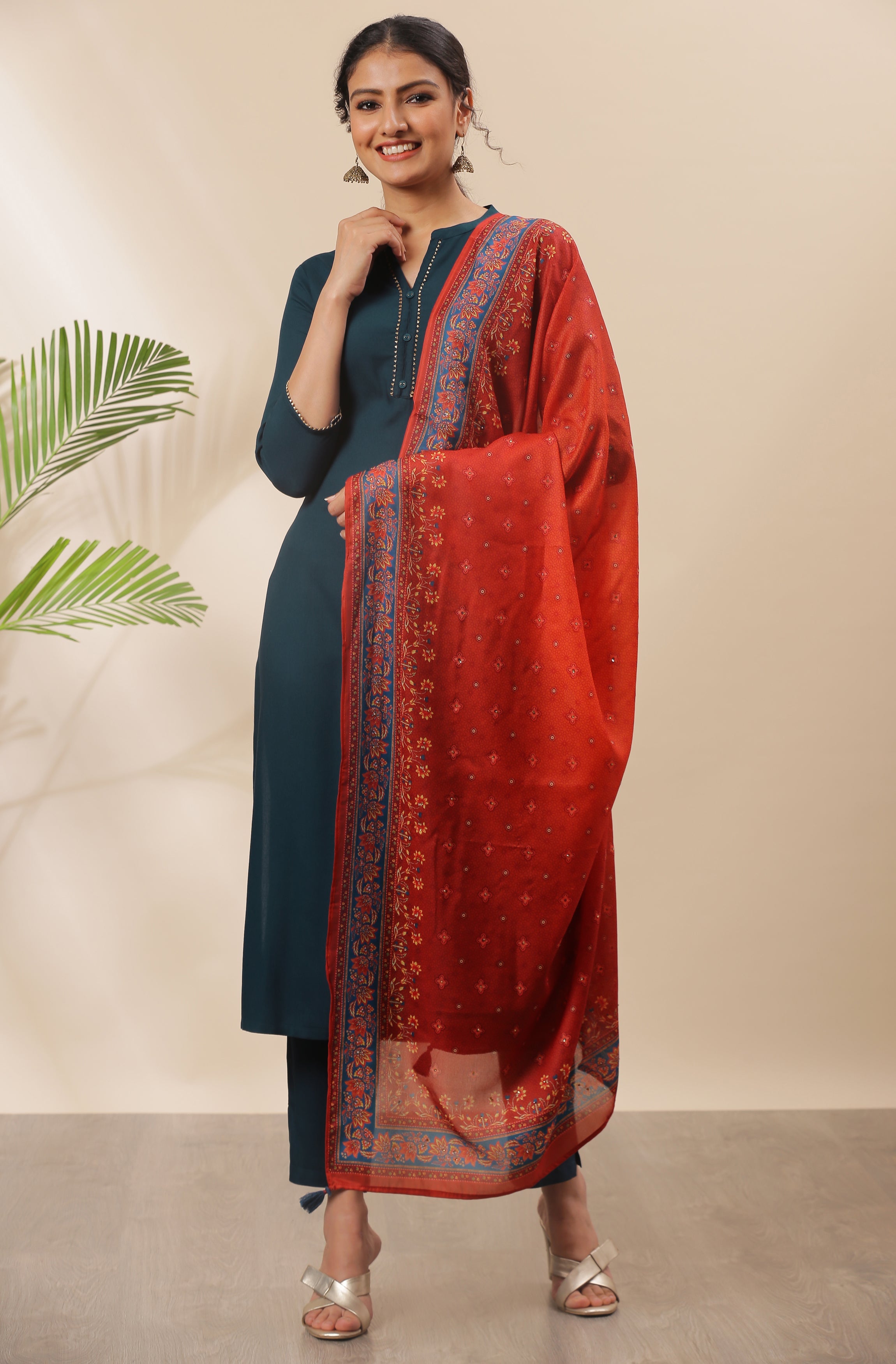 Janasya Women's Teal Rayon Solid Kurta With Pant And Dupatta
