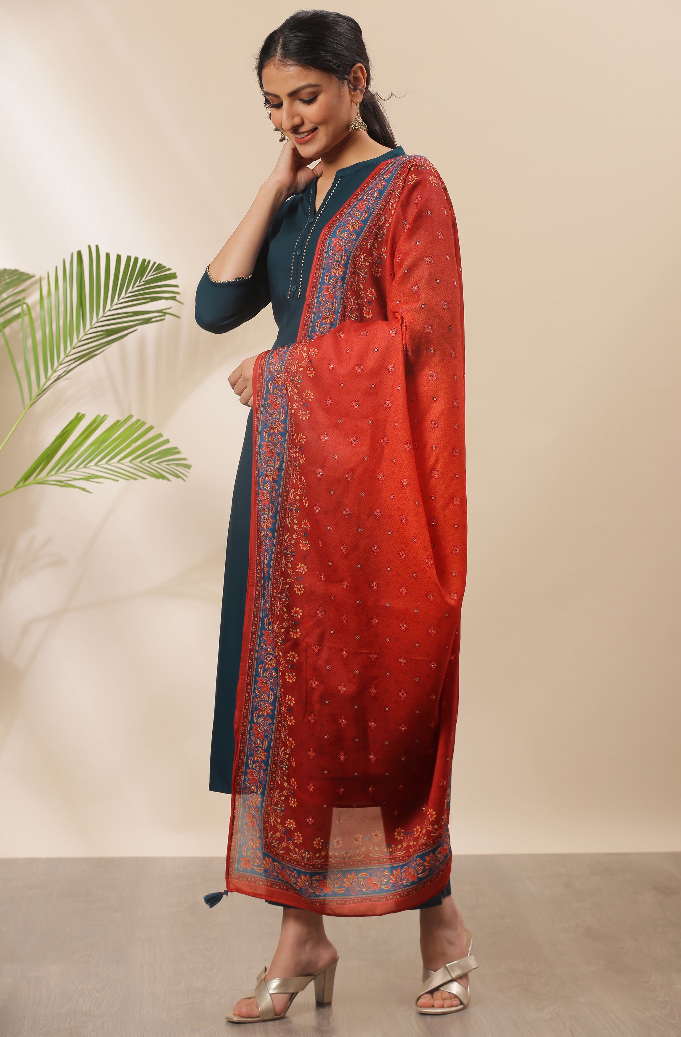 Janasya Women's Teal Rayon Solid Kurta With Pant And Dupatta