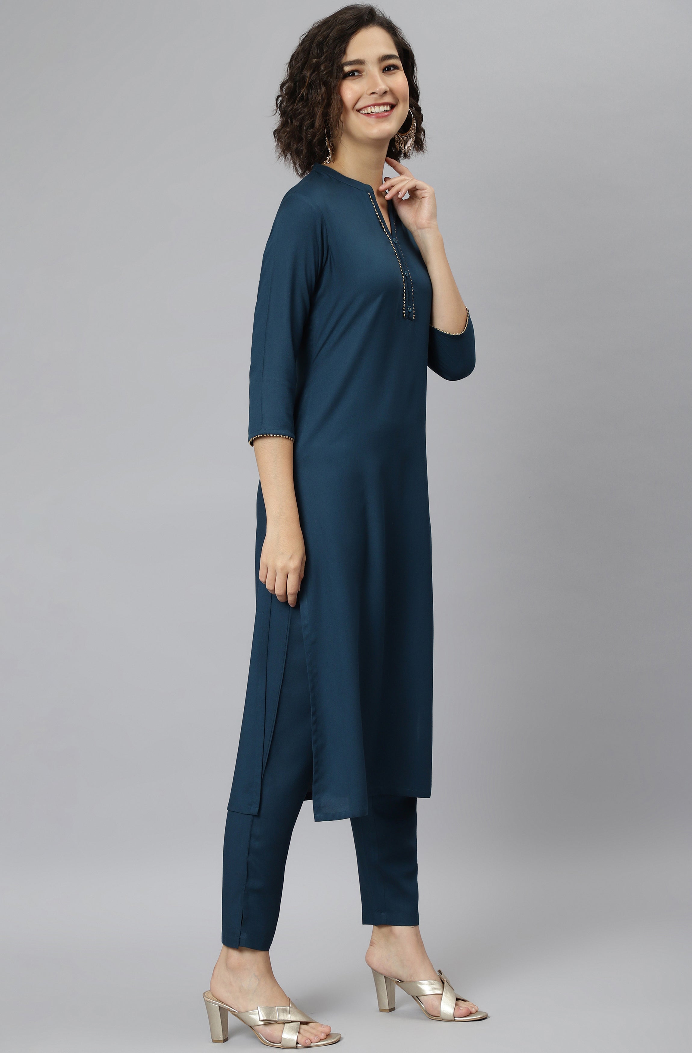 Janasya Women's Teal Rayon Solid Kurta With Pant And Dupatta