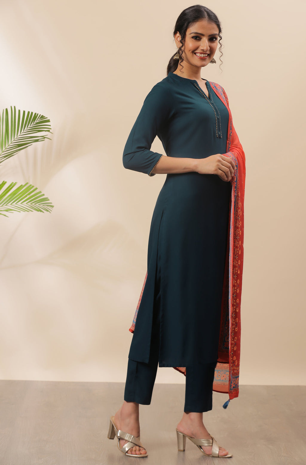 Janasya Women's Teal Rayon Solid Kurta With Pant And Dupatta