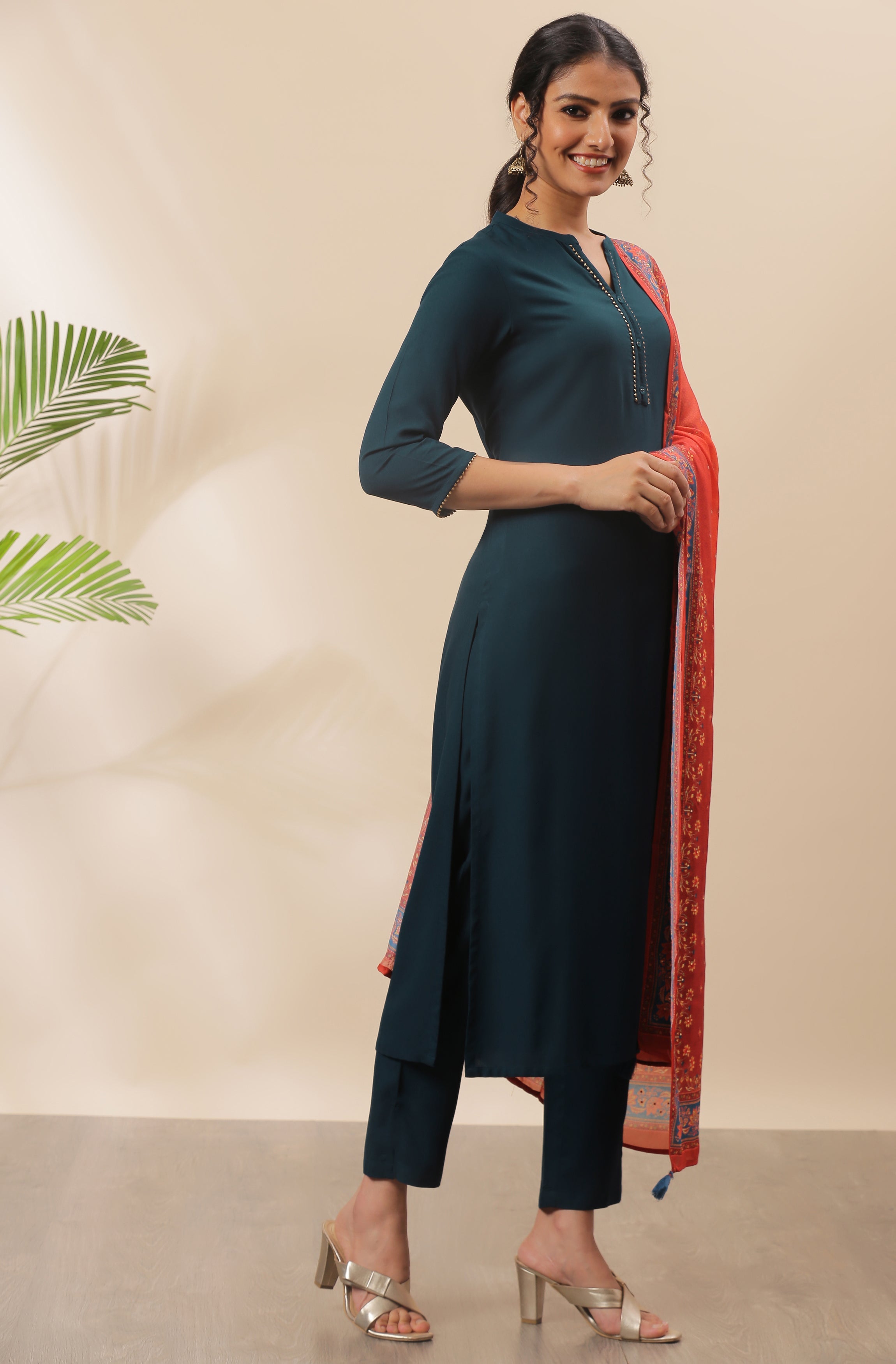 Janasya Women's Teal Rayon Solid Kurta With Pant And Dupatta