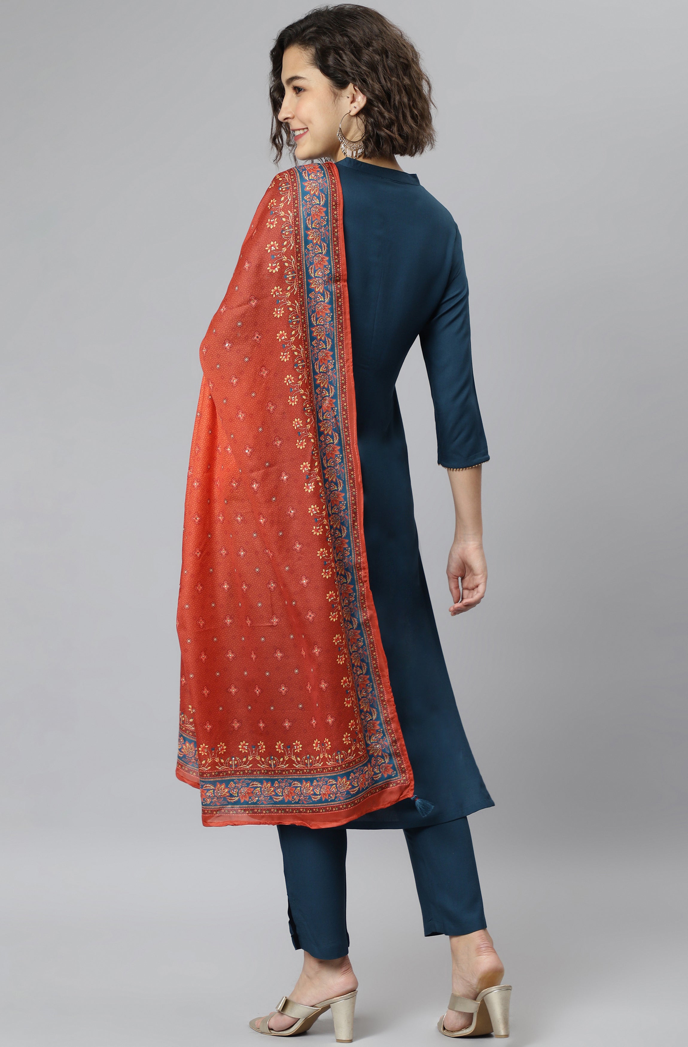 Janasya Women's Teal Rayon Solid Kurta With Pant And Dupatta