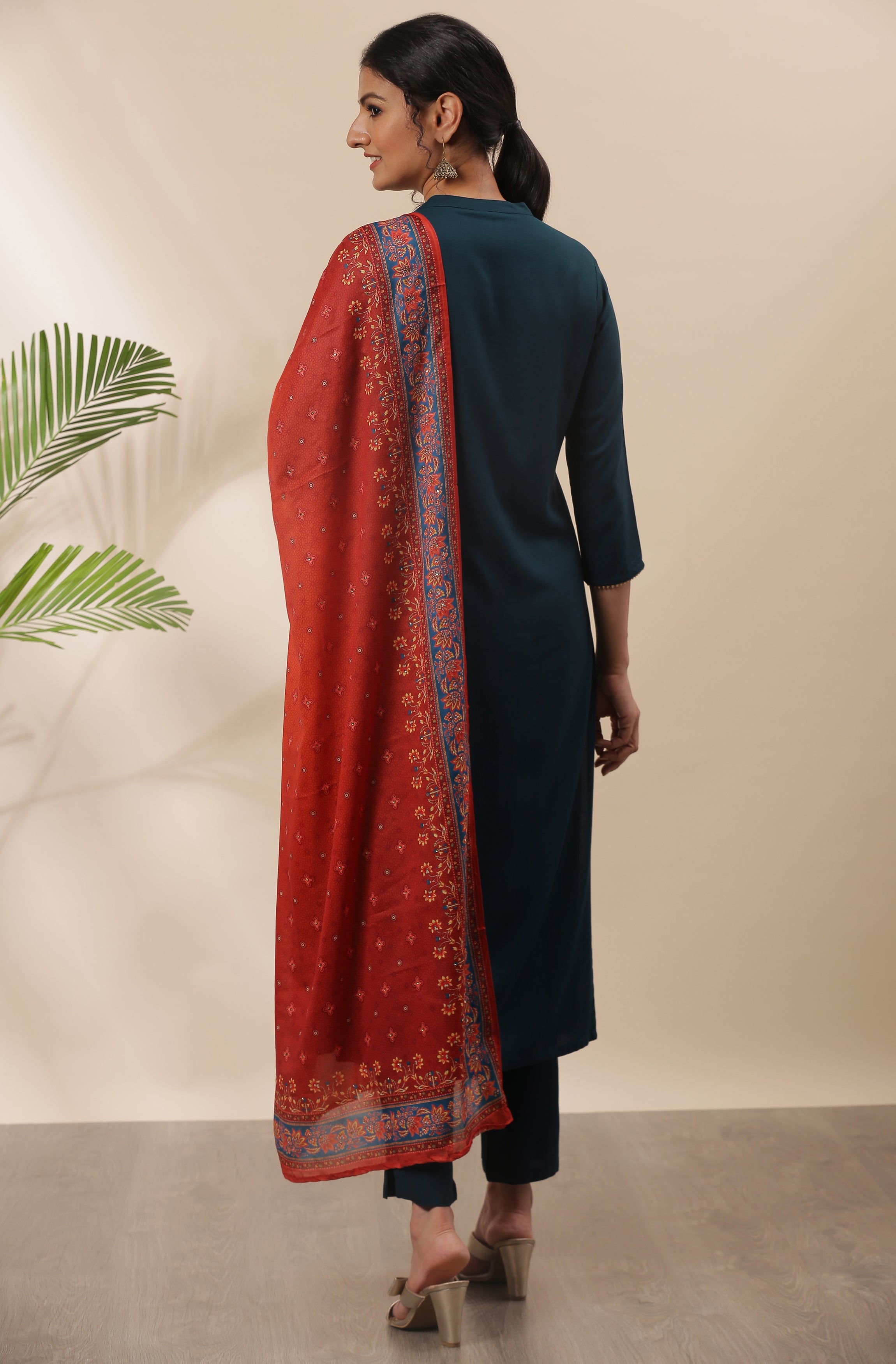 Janasya Women's Teal Rayon Solid Kurta With Pant And Dupatta
