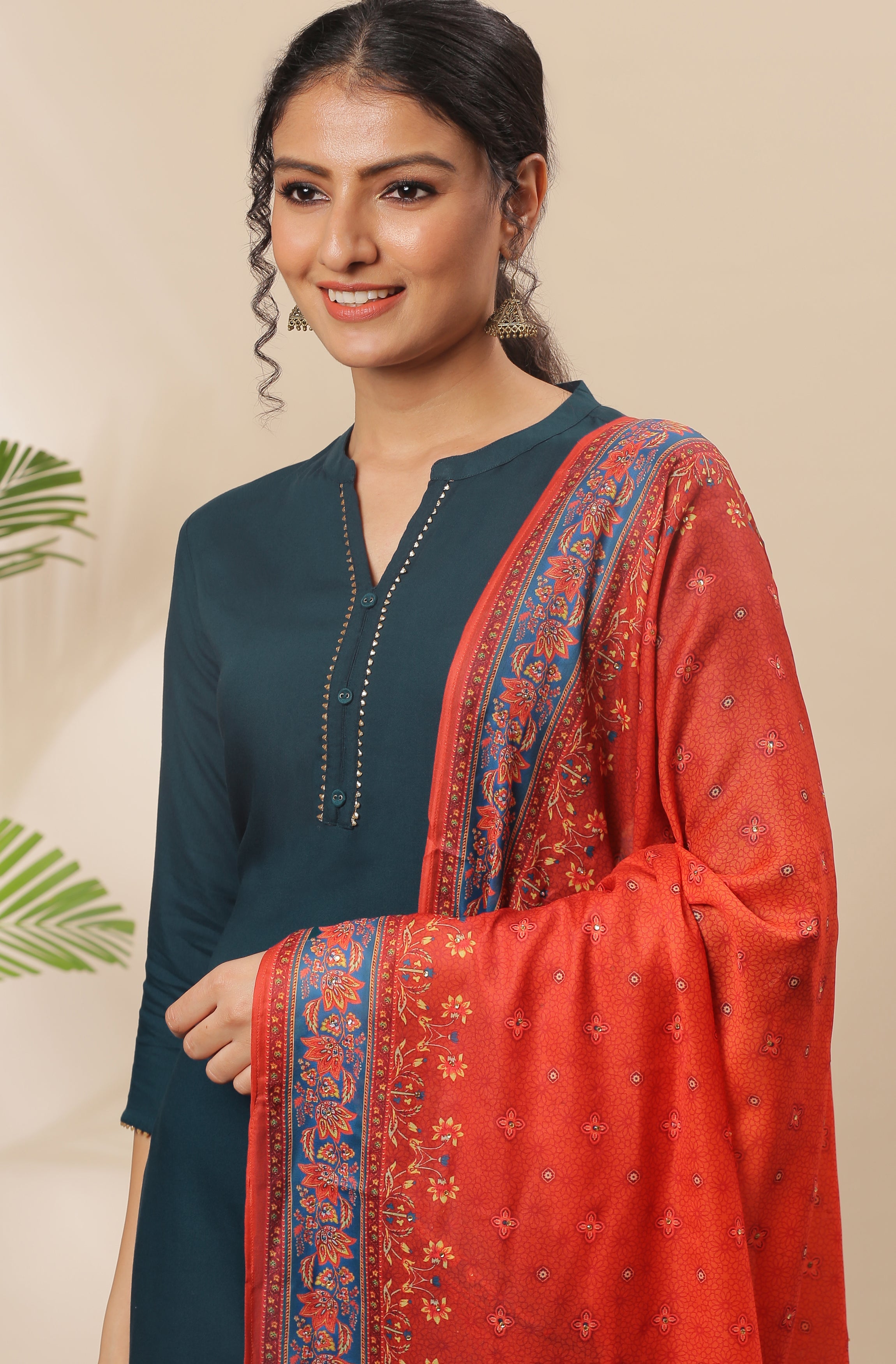 Janasya Women's Teal Rayon Solid Kurta With Pant And Dupatta