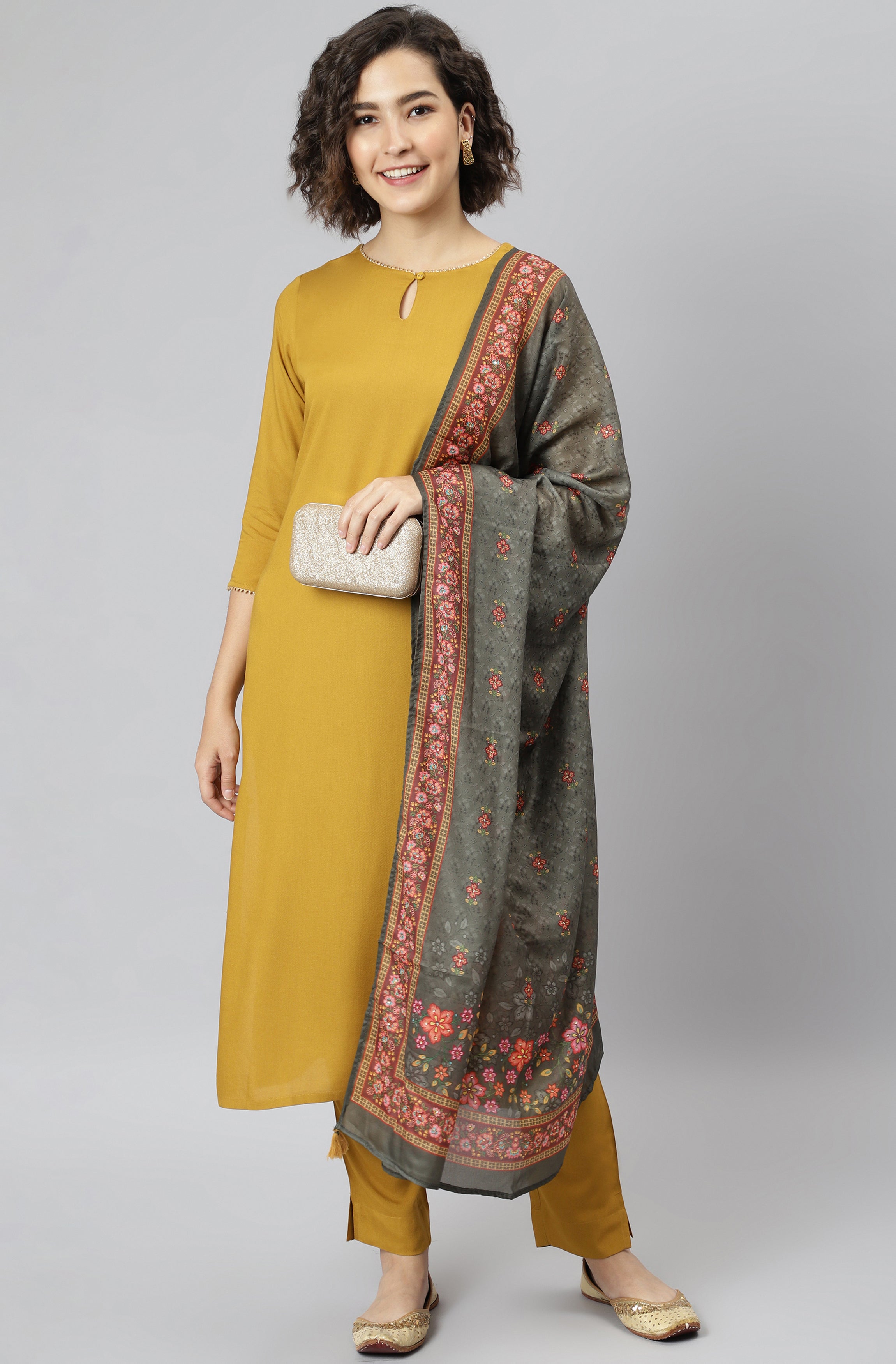 Janasya Women's Mustard Rayon Solid Kurta With Pant And Dupatta
