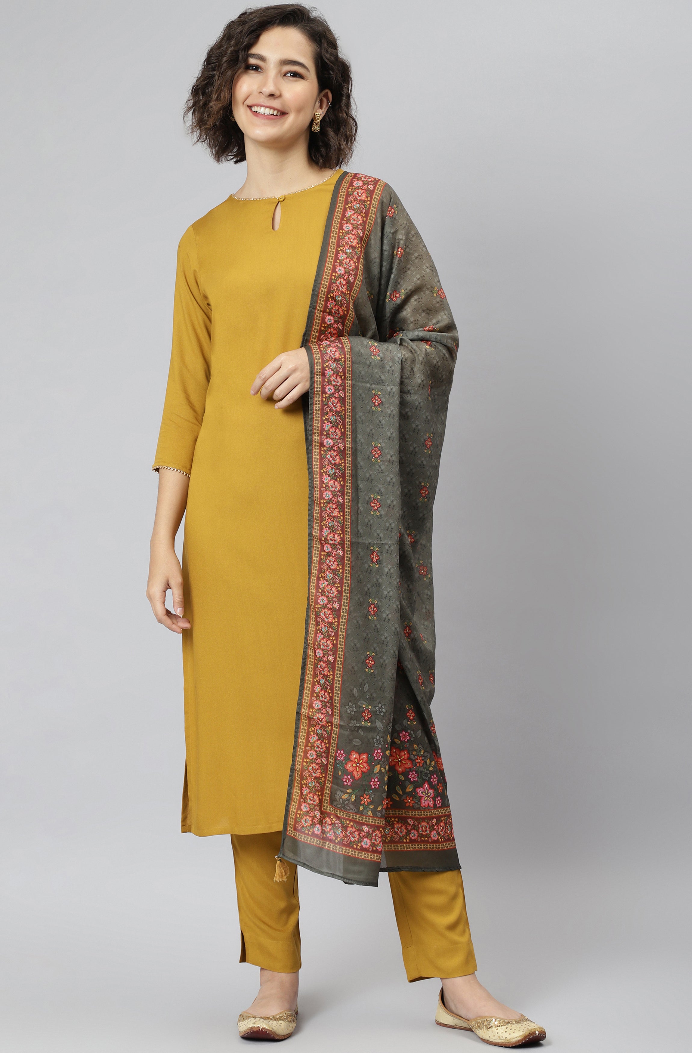 Janasya Women's Mustard Rayon Solid Kurta With Pant And Dupatta