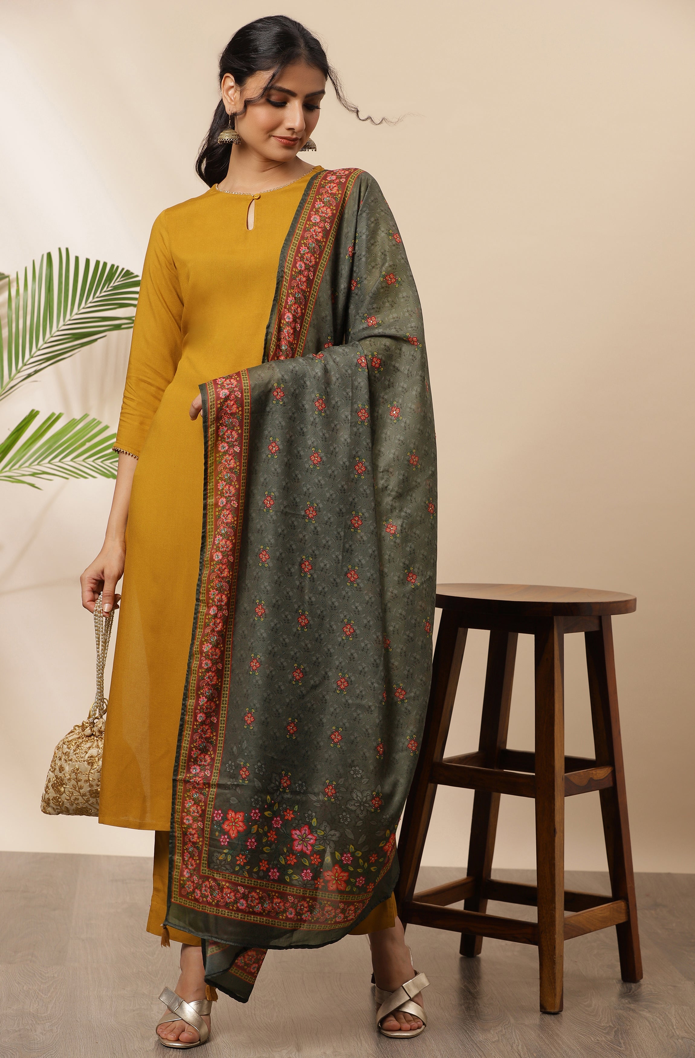 Janasya Women's Mustard Rayon Solid Kurta With Pant And Dupatta