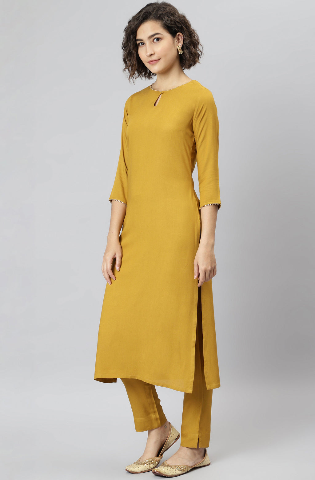Janasya Women's Mustard Rayon Solid Kurta With Pant And Dupatta