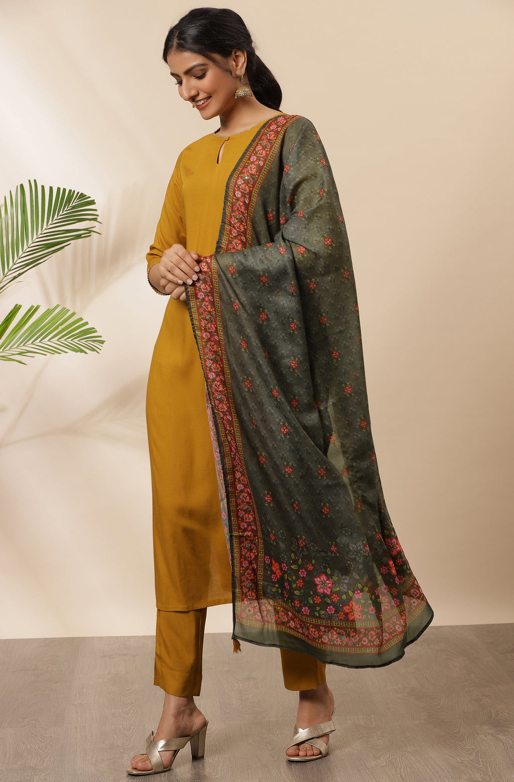 Janasya Women's Mustard Rayon Solid Kurta With Pant And Dupatta