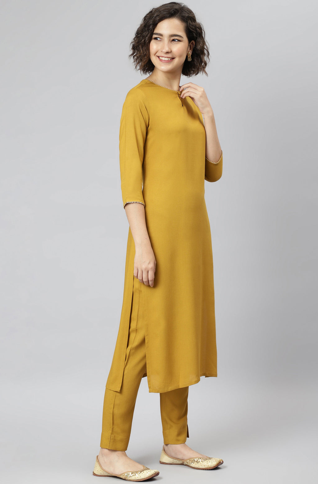 Janasya Women's Mustard Rayon Solid Kurta With Pant And Dupatta