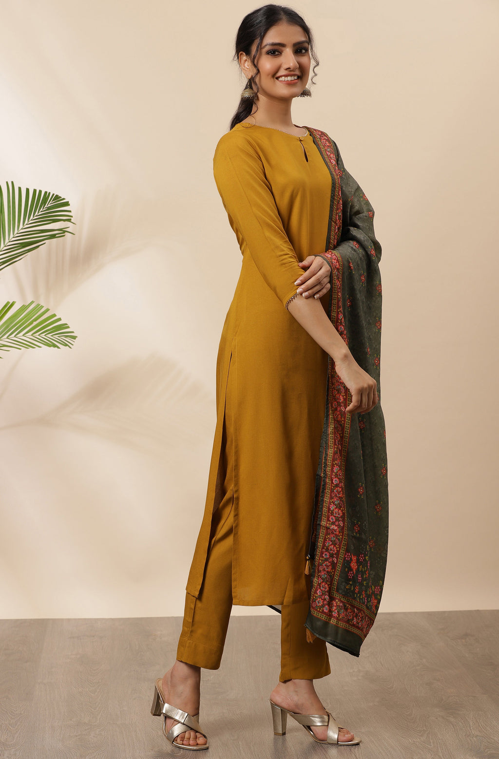 Janasya Women's Mustard Rayon Solid Kurta With Pant And Dupatta
