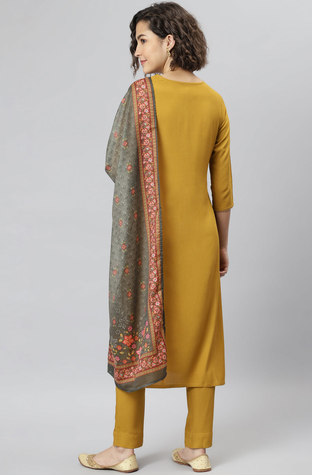 Janasya Women's Mustard Rayon Solid Kurta With Pant And Dupatta