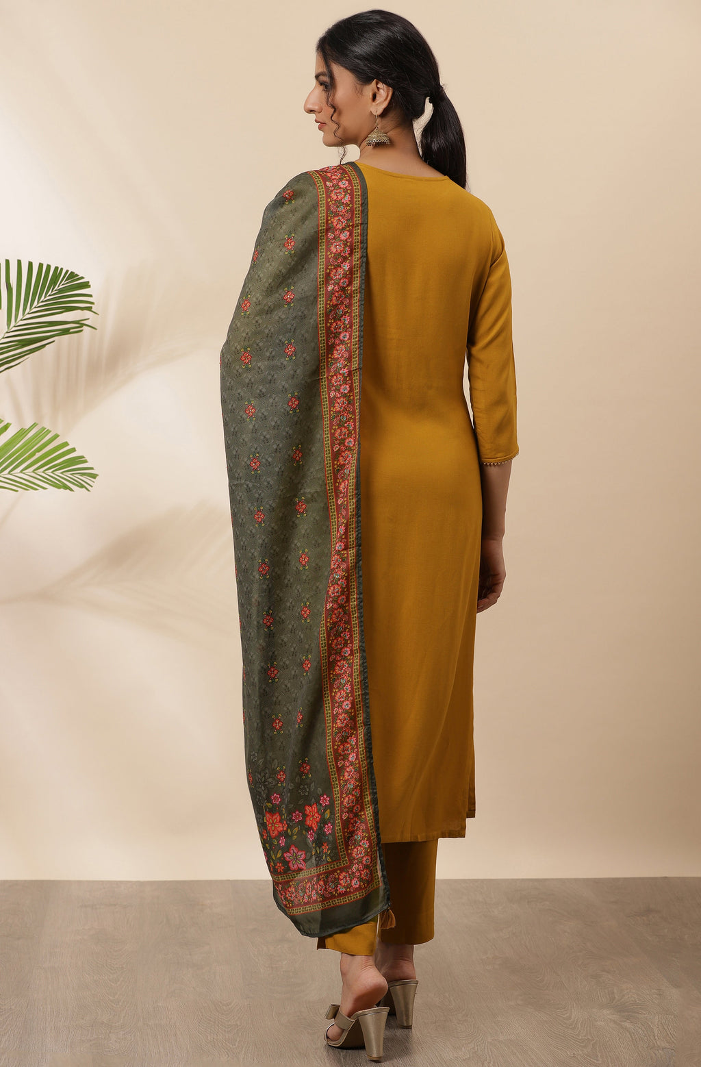 Janasya Women's Mustard Rayon Solid Kurta With Pant And Dupatta