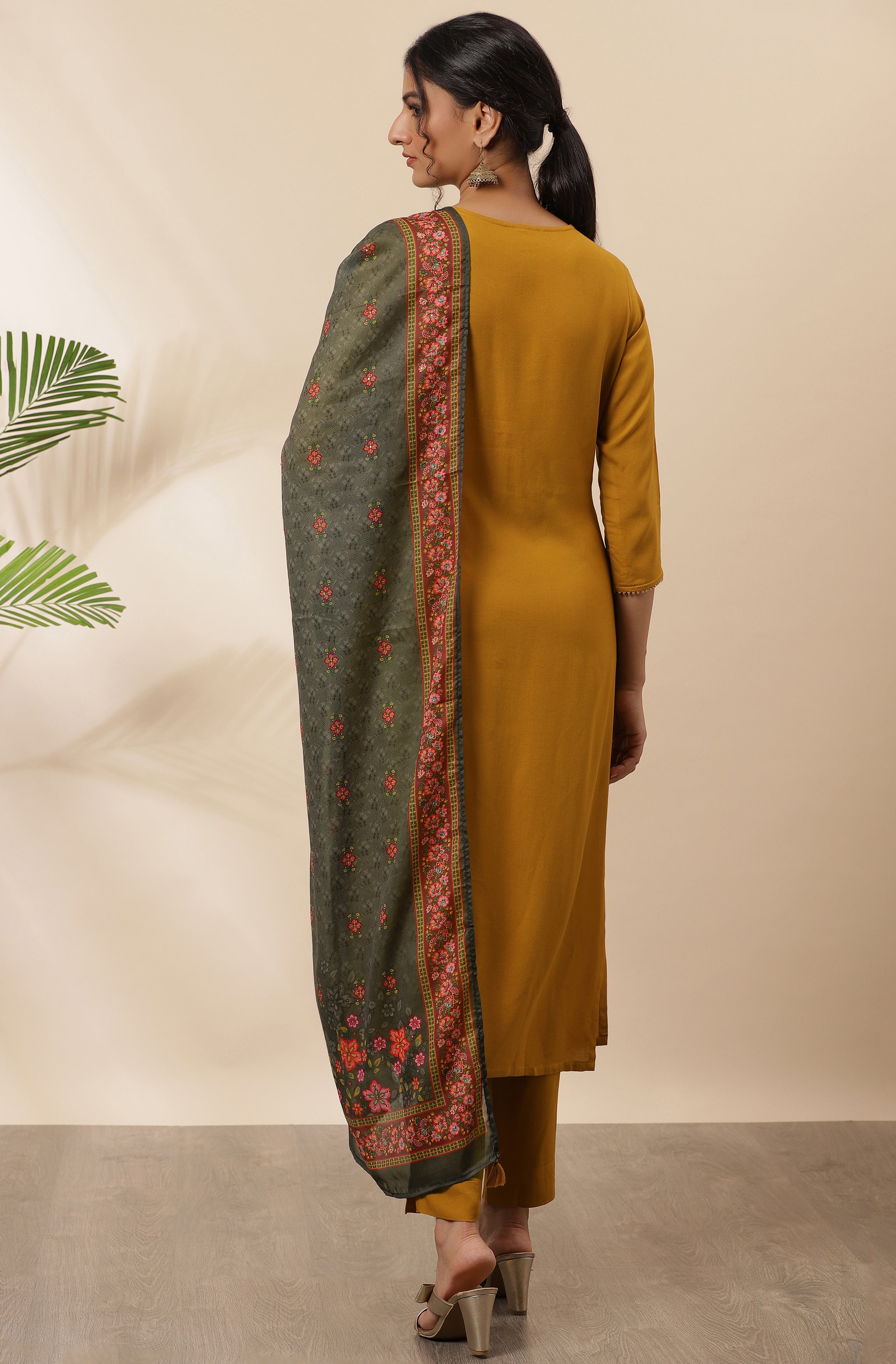 Janasya Women's Mustard Rayon Solid Kurta With Pant And Dupatta