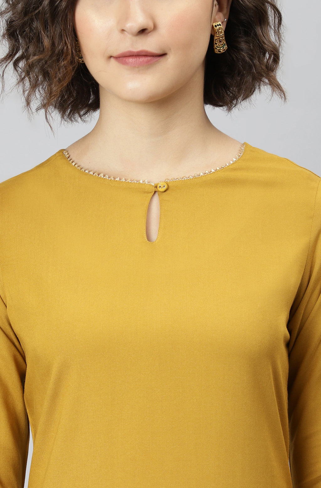 Janasya Women's Mustard Rayon Solid Kurta With Pant And Dupatta