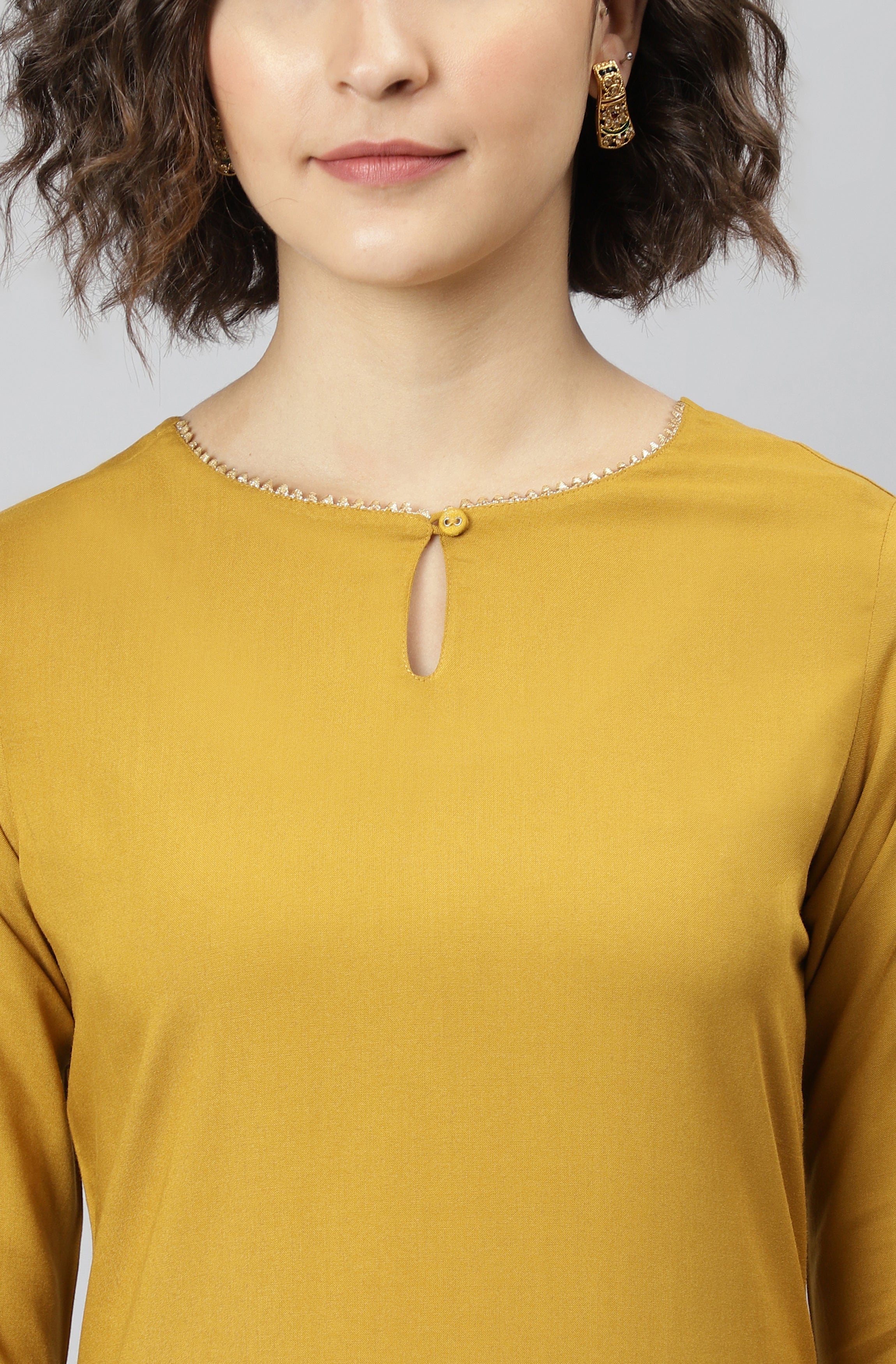 Janasya Women's Mustard Rayon Solid Kurta With Pant And Dupatta