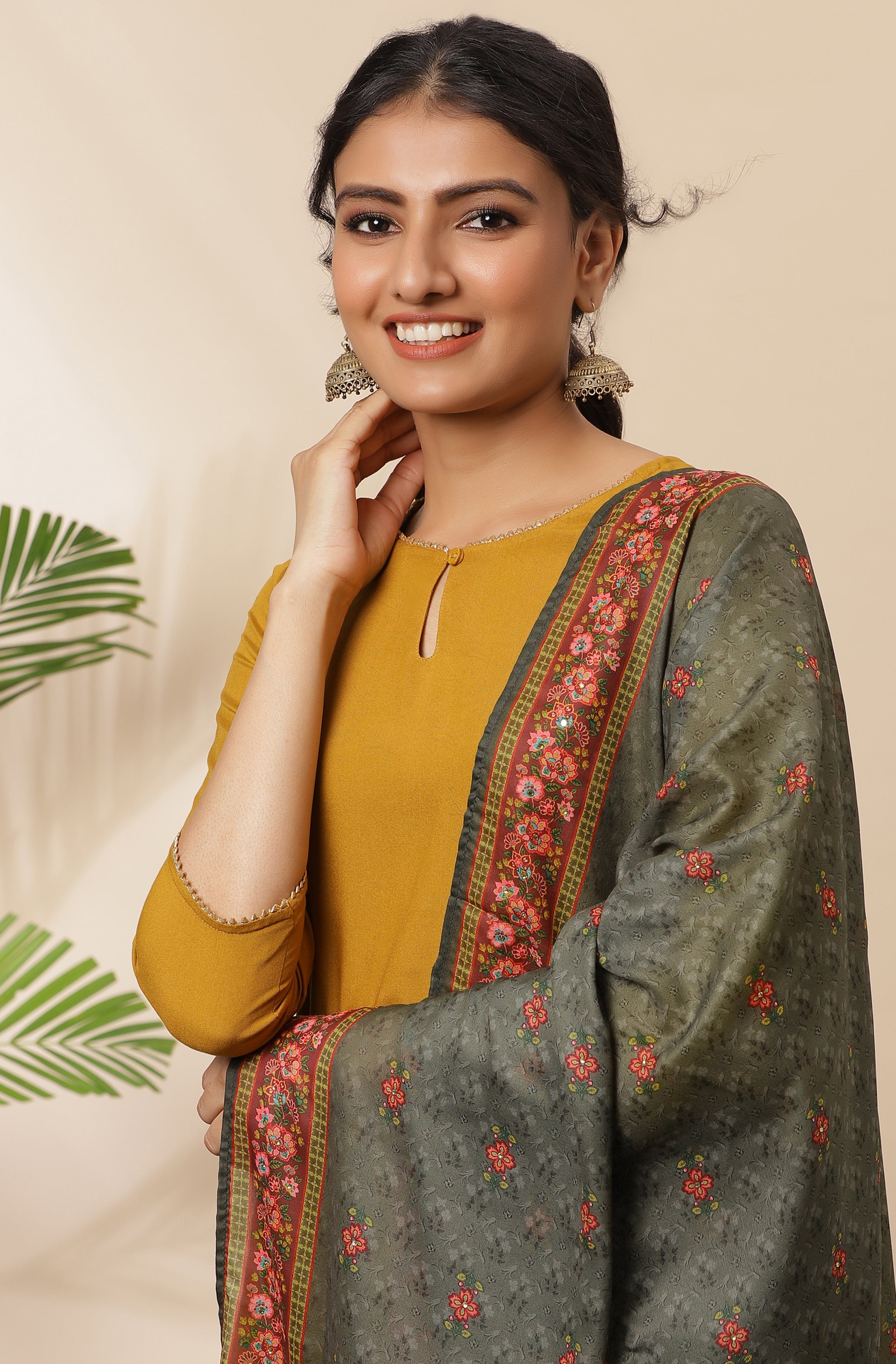 Janasya Women's Mustard Rayon Solid Kurta With Pant And Dupatta