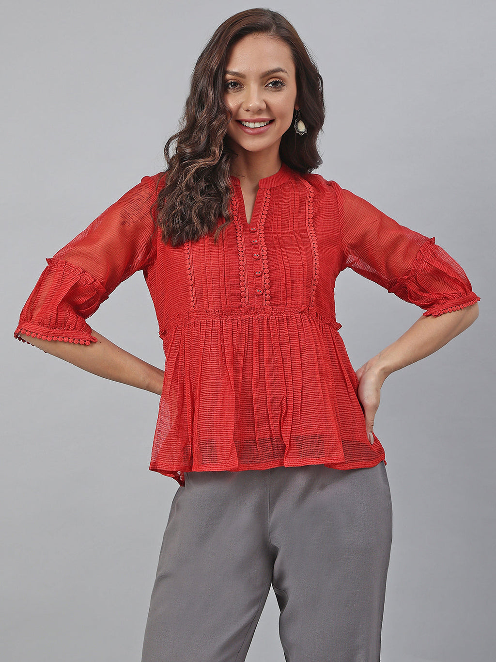 Janasya Women's Red Kota Doria Embellished Gathered Top