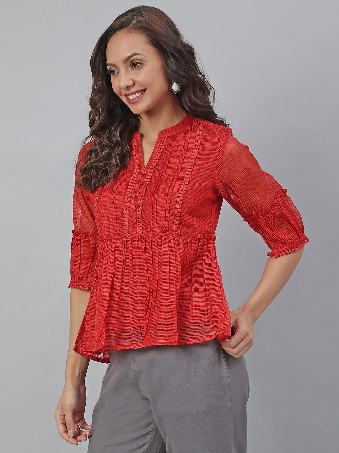 Janasya Women's Red Kota Doria Embellished Gathered Top