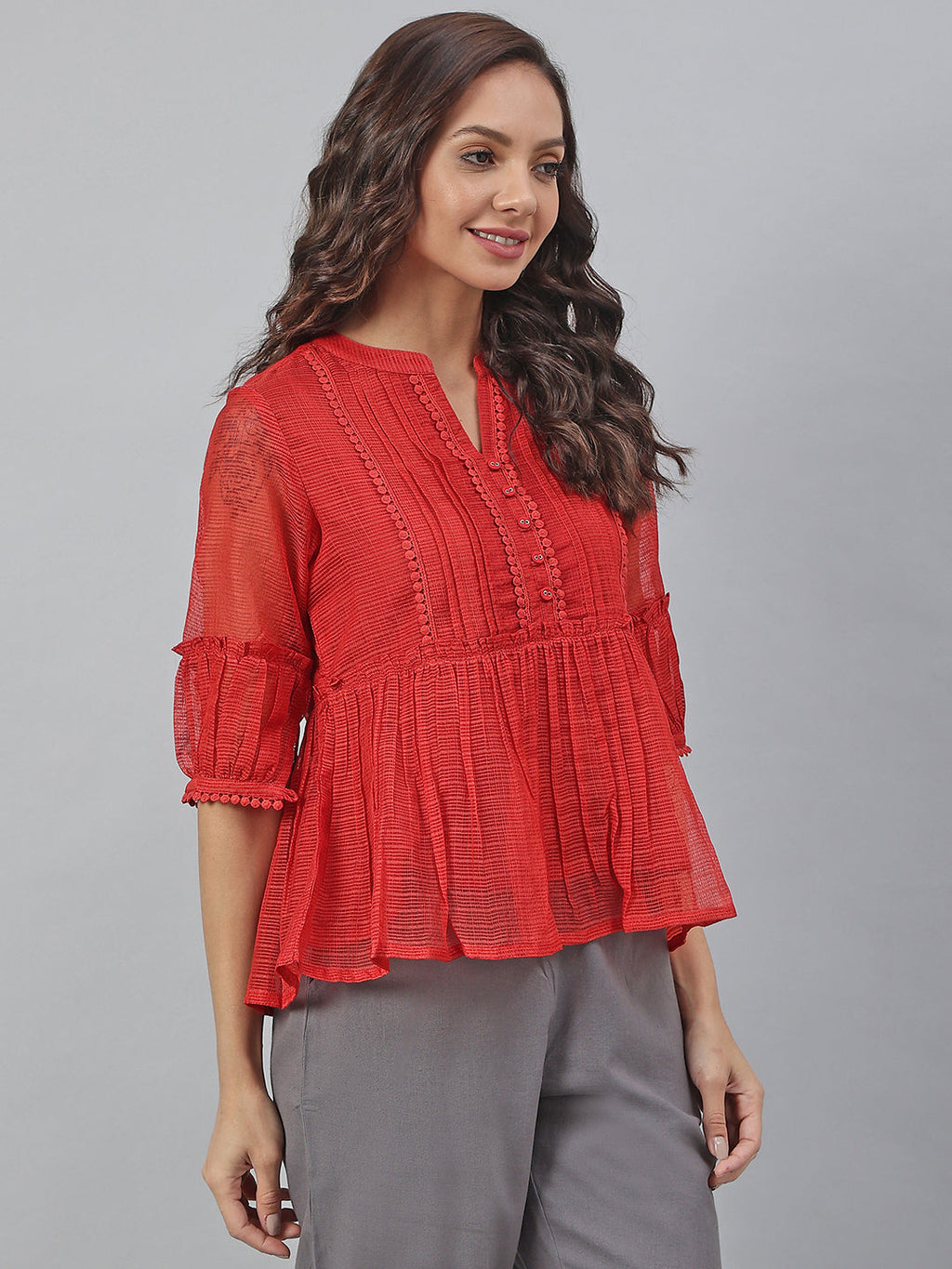 Janasya Women's Red Kota Doria Embellished Gathered Top