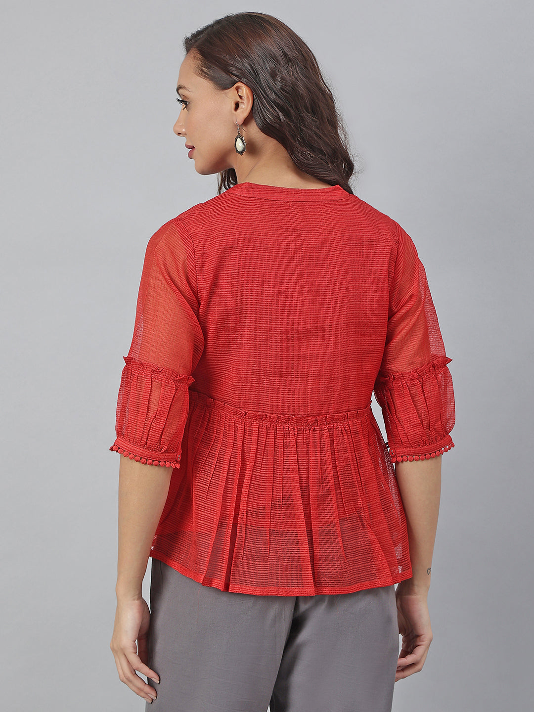 Janasya Women's Red Kota Doria Embellished Gathered Top