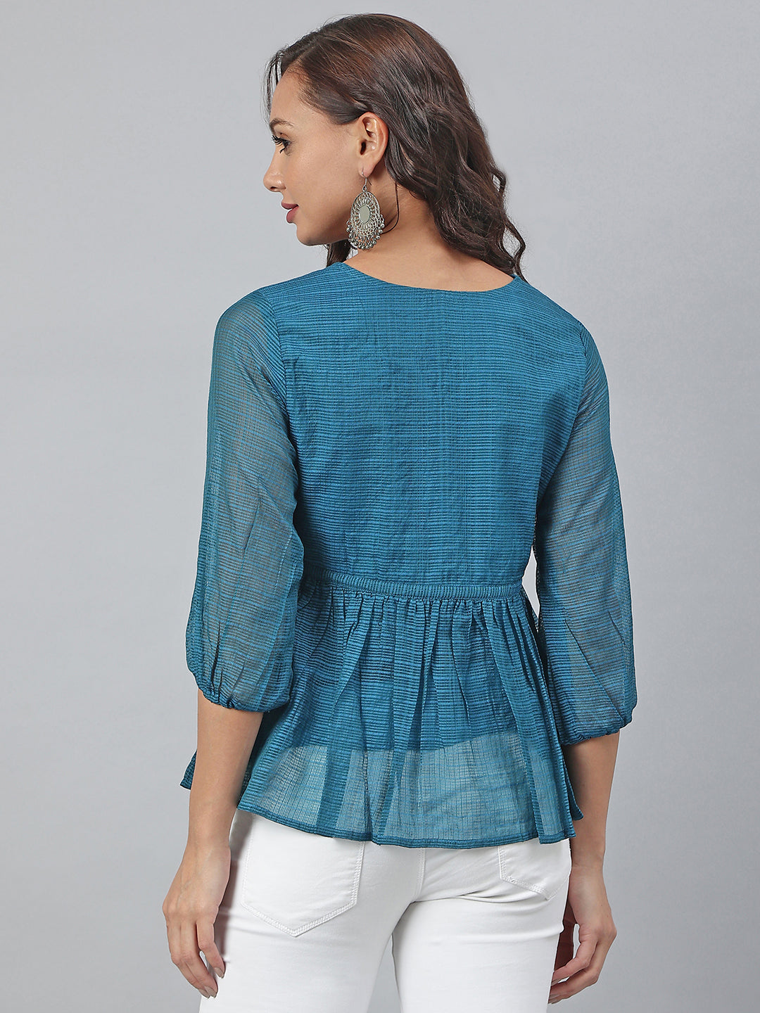 Janasya Women's Teal Kota Doria Solid Gathered Top