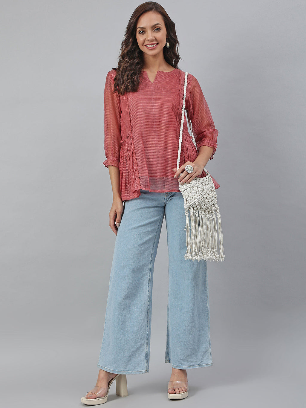 Janasya Women's Old Rose Kota Doria Solid Panelled Top