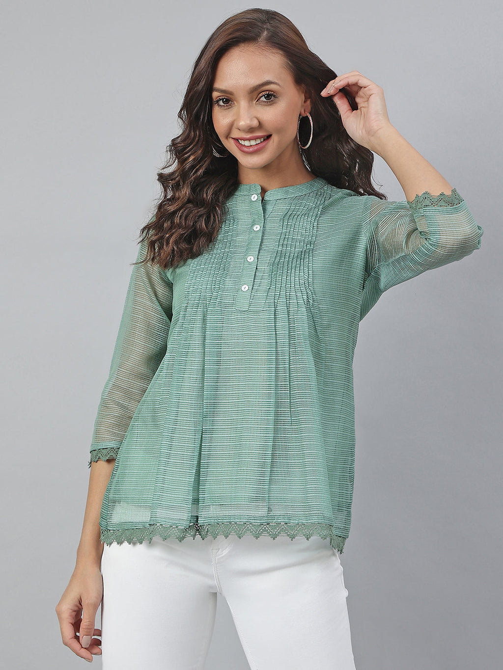 Janasya Women's Green Kota Doria Embellished Regular Top