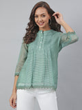 Janasya Women's Green Kota Doria Embellished Regular Top