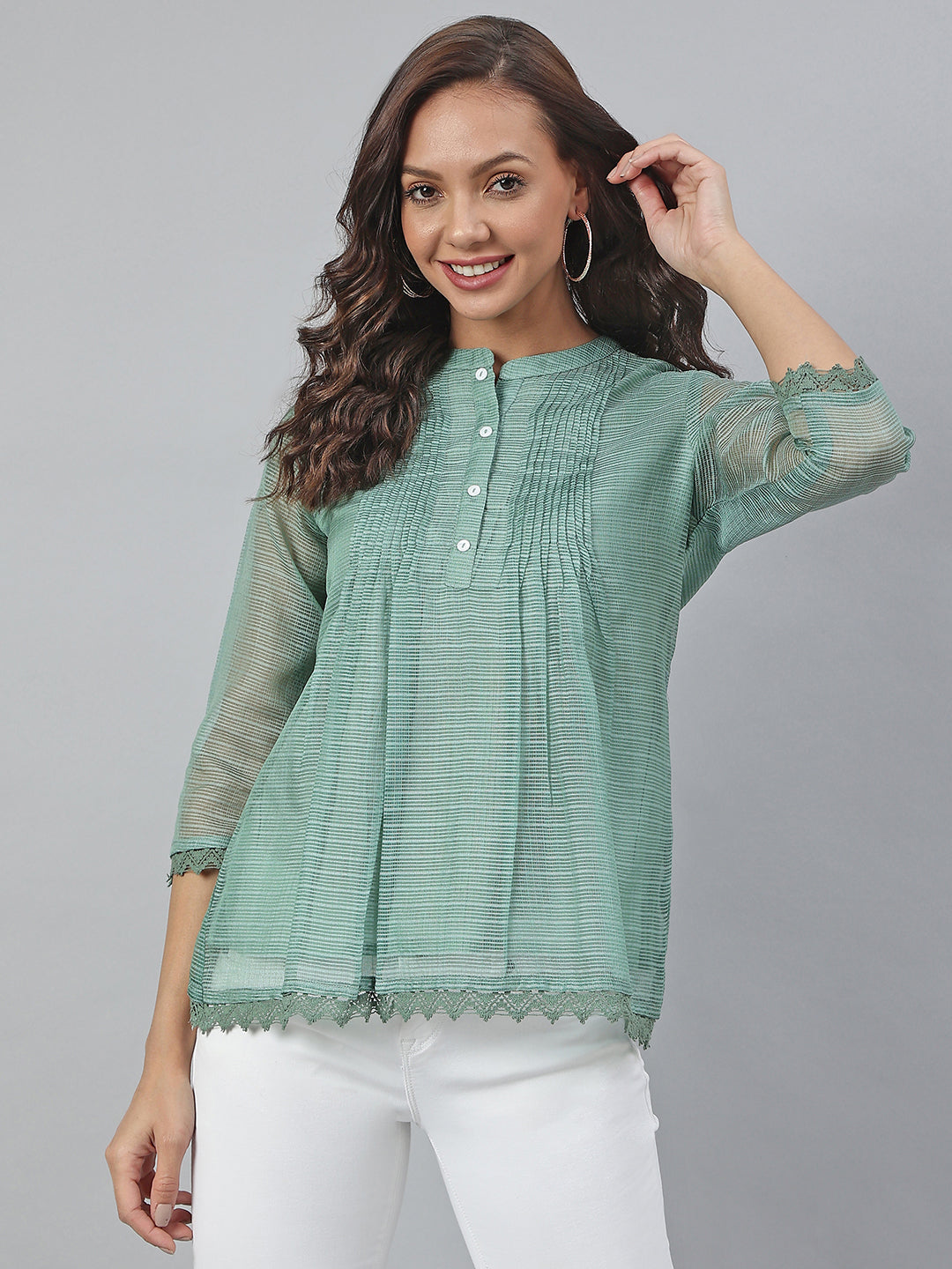 Janasya Women's Green Kota Doria Embellished Regular Top