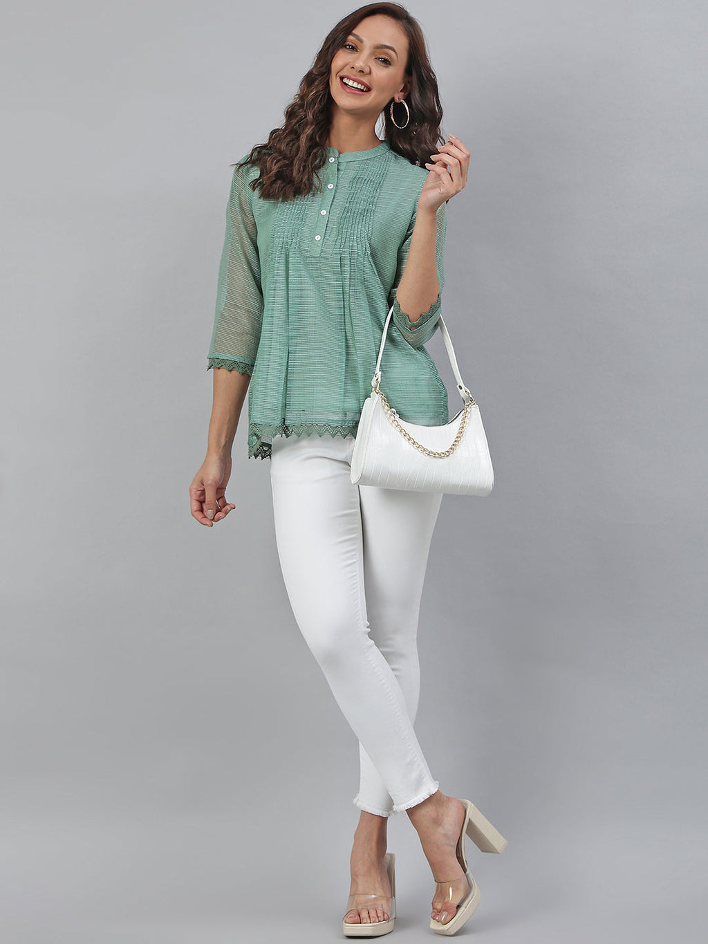 Janasya Women's Green Kota Doria Embellished Regular Top