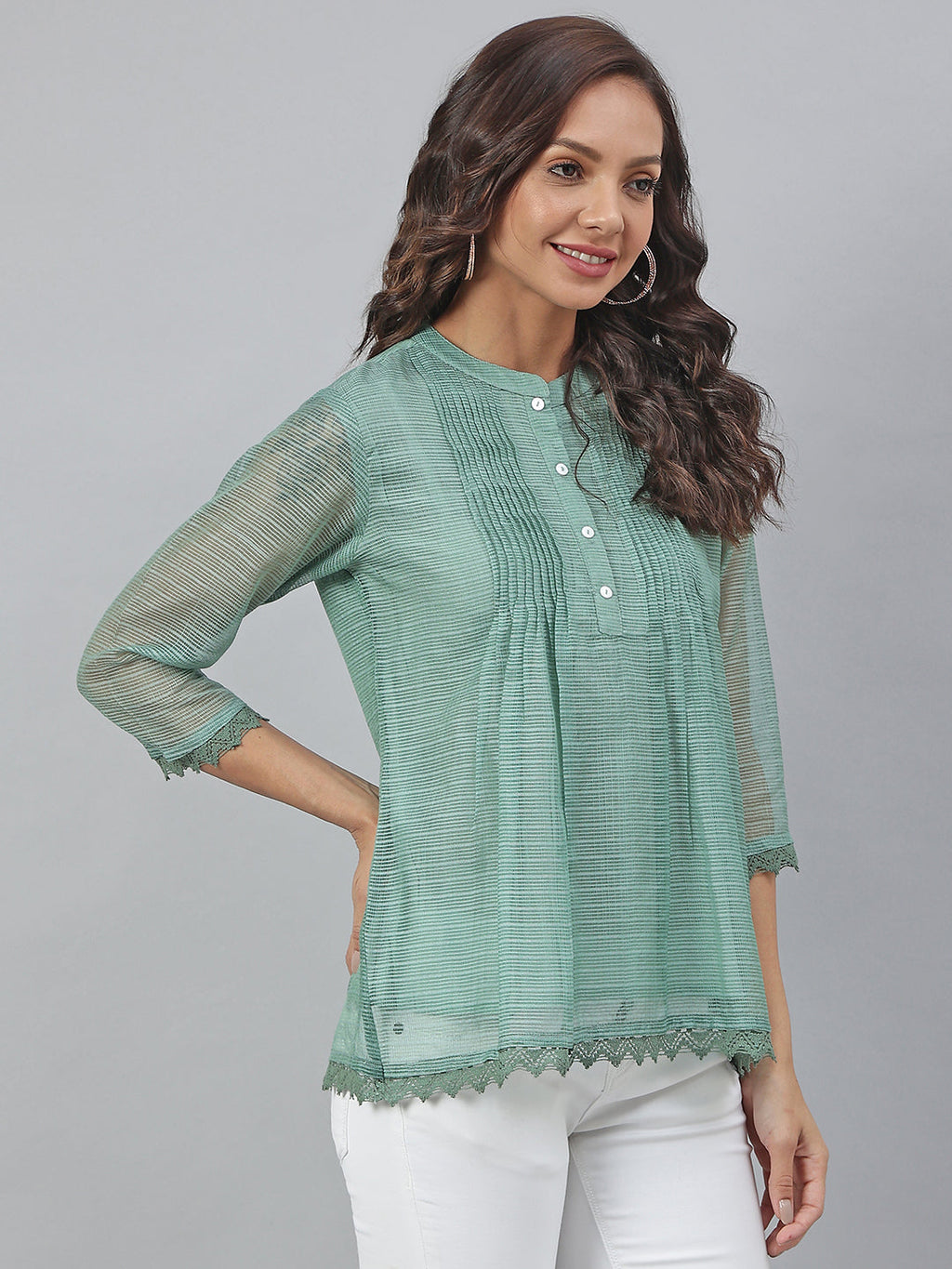 Janasya Women's Green Kota Doria Embellished Regular Top