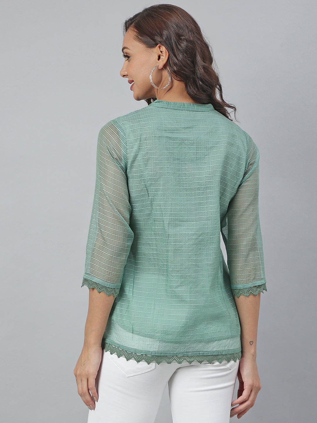 Janasya Women's Green Kota Doria Embellished Regular Top