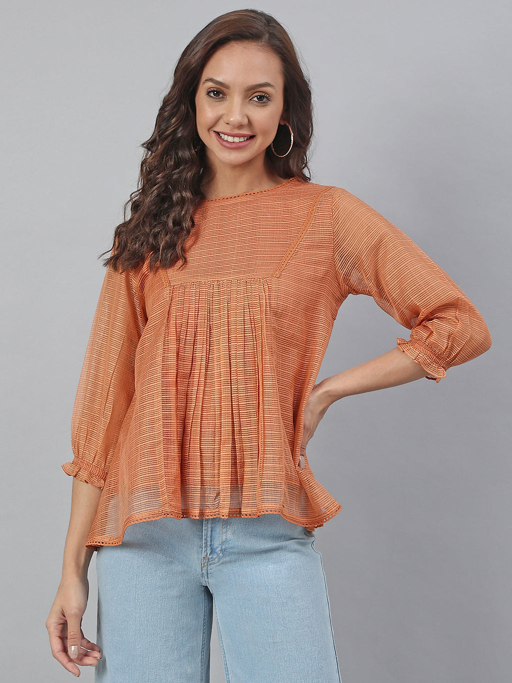 Janasya Women's Rust Kota Doria Solid Panelled Top