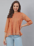 Janasya Women's Rust Kota Doria Solid Panelled Top