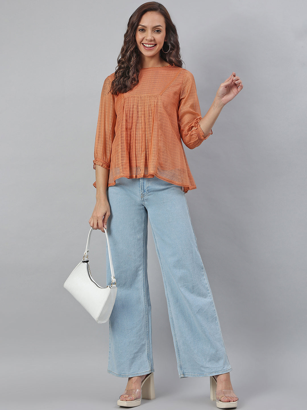 Janasya Women's Rust Kota Doria Solid Panelled Top