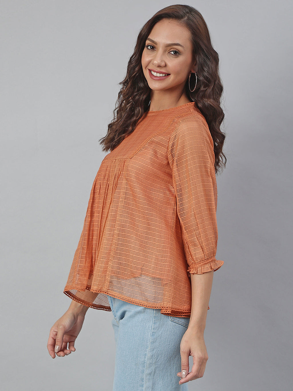 Janasya Women's Rust Kota Doria Solid Panelled Top