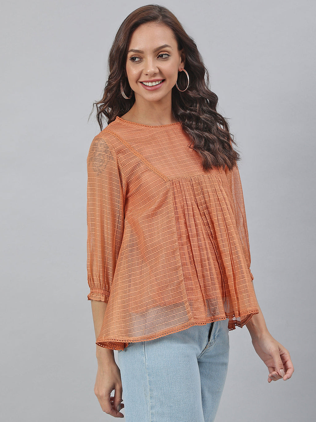 Janasya Women's Rust Kota Doria Solid Panelled Top