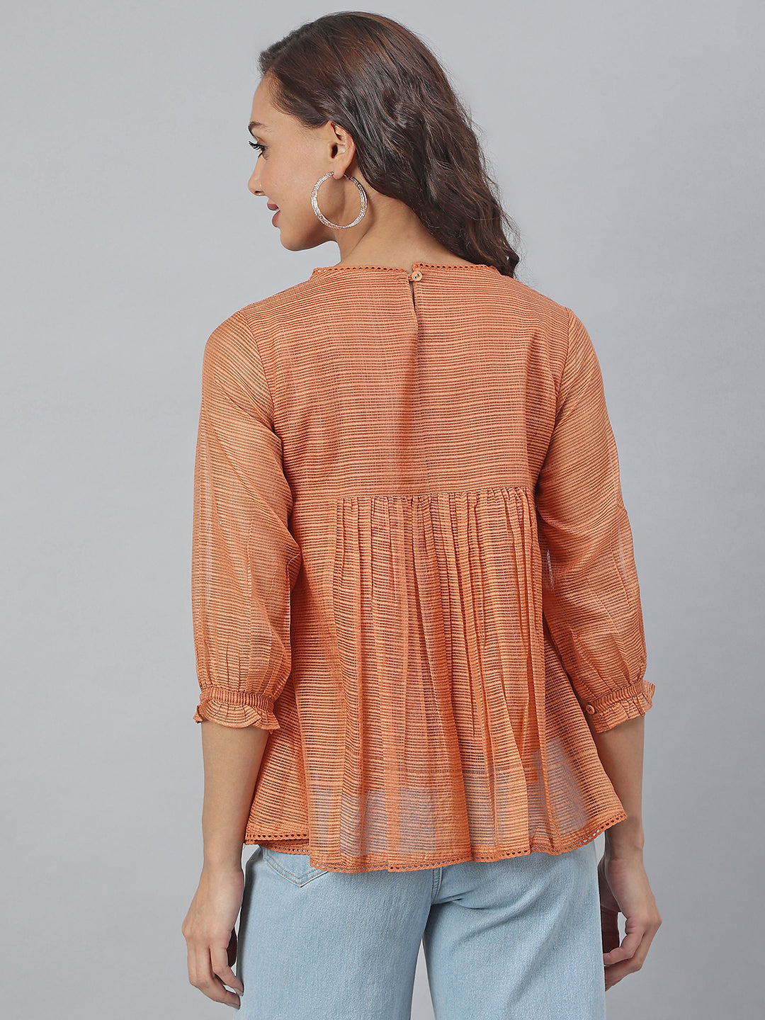 Janasya Women's Rust Kota Doria Solid Panelled Top