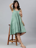 Janasya Women's Mint Green Cotton Solid Flared Western Dress